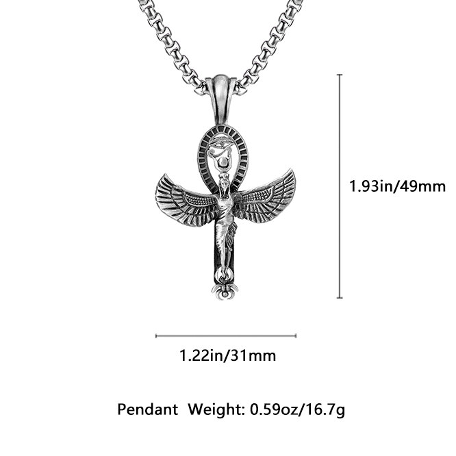 Pure tin Ankh cross pendant featuring Eye of Horus and Winged Goddess Isis with Scarab at bottom