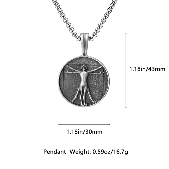 Pure tin medallion pendant featuring Leonardo da Vinci Vitruvian Man relief