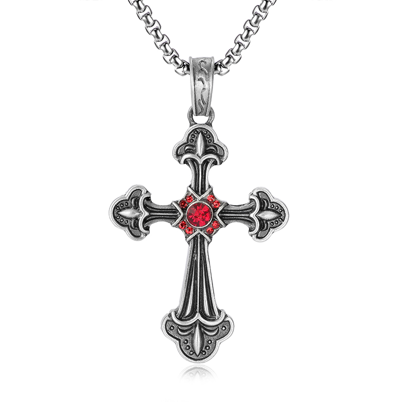 Large gothic pure tin cross pendant with red crystal center and trefoil ends 63mm