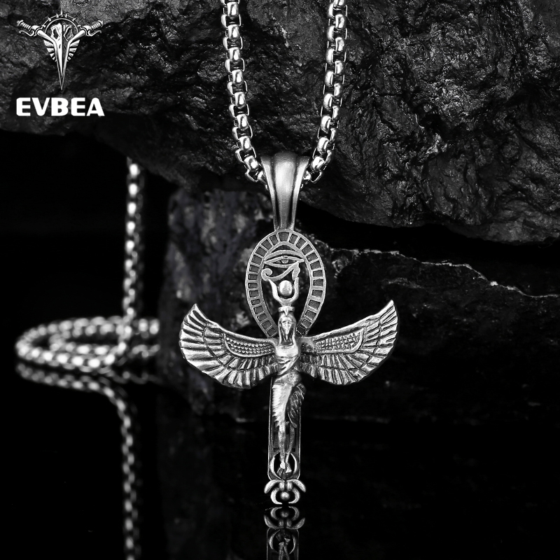 Pure tin Ankh cross pendant featuring Eye of Horus and Winged Goddess Isis with Scarab at bottom