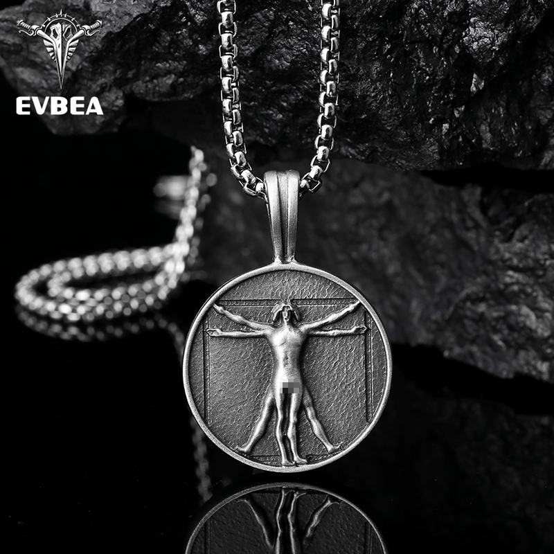 Pure tin medallion pendant featuring Leonardo da Vinci Vitruvian Man relief