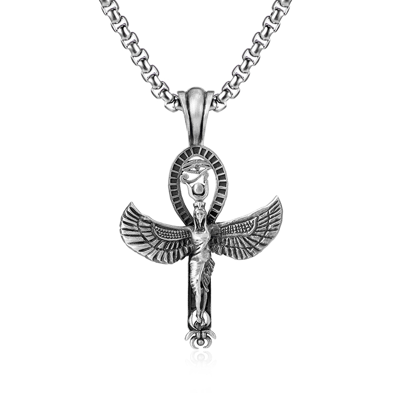 Pure tin Ankh cross pendant featuring Eye of Horus and Winged Goddess Isis with Scarab at bottom