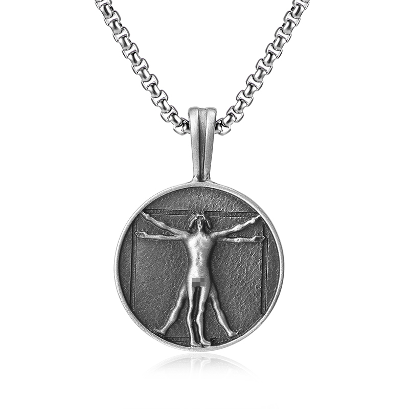 Pure tin medallion pendant featuring Leonardo da Vinci Vitruvian Man relief
