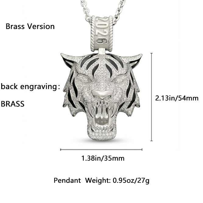 Lightweight 30g hollow-back roaring tiger pendant encrusted with brilliant zircons and black enamel stripes, featuring a custom 2026 commemorative bail- BRASS Pure Version