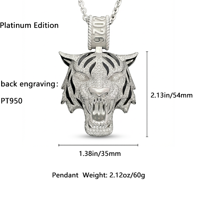 Lightweight 30g hollow-back roaring tiger pendant encrusted with brilliant zircons and black enamel stripes, featuring a custom 2026 commemorative bail- PT950 Platinum Edition