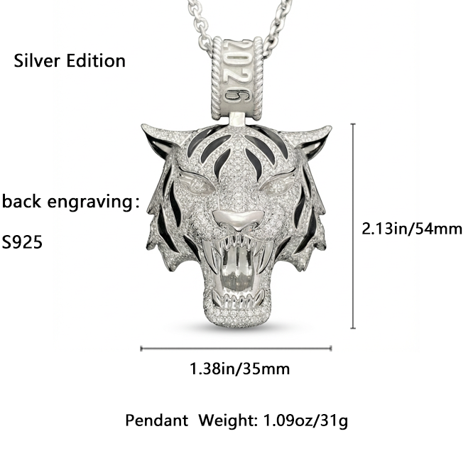 Lightweight 30g hollow-back roaring tiger pendant encrusted with brilliant zircons and black enamel stripes, featuring a custom 2026 commemorative bail- 925 Sterling Silver Version