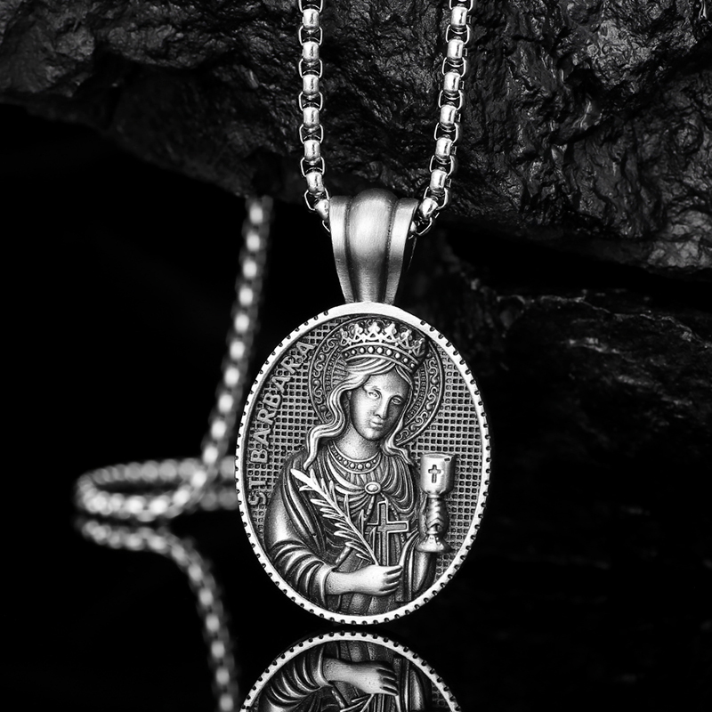 Solid lead-free pewter Saint Barbara patron saint pendant with chalice and palm branch 3D relief