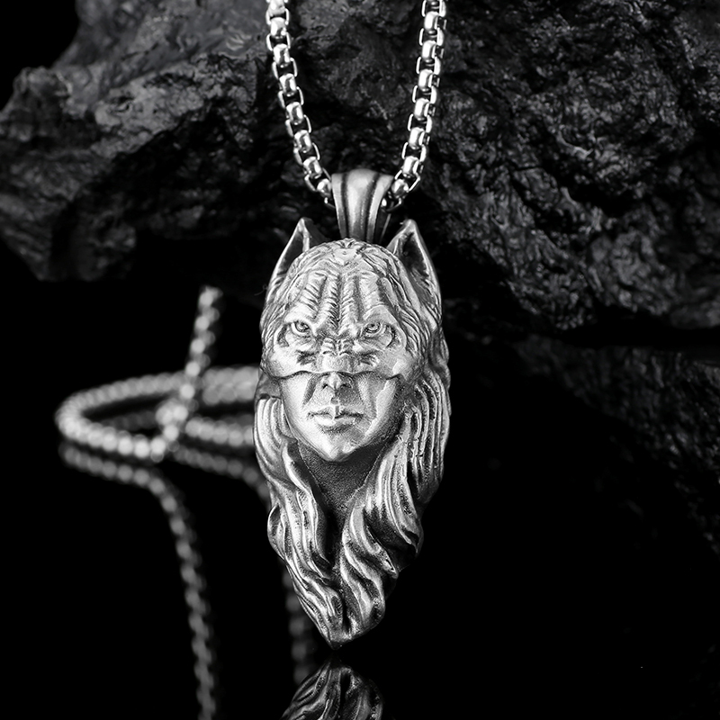 Solid lead-free pewter pendant featuring a 3D relief of a female warrior or goddess wearing a wild animal wolf or feline headdress