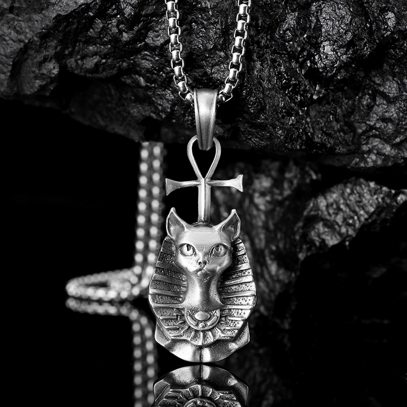 Solid lead-free pewter pendant of the Egyptian Cat Goddess Bastet wearing a pharaoh headdress and topped with an Ankh symbol of life