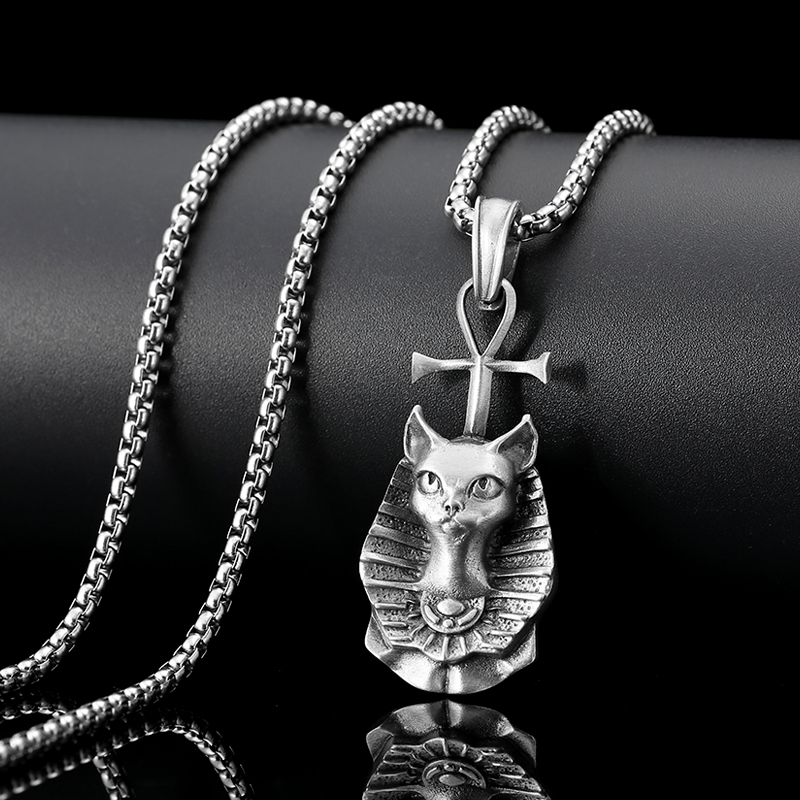Solid Pewter Bastet Cat Goddess Necklace | Egyptian Ankh Pendant