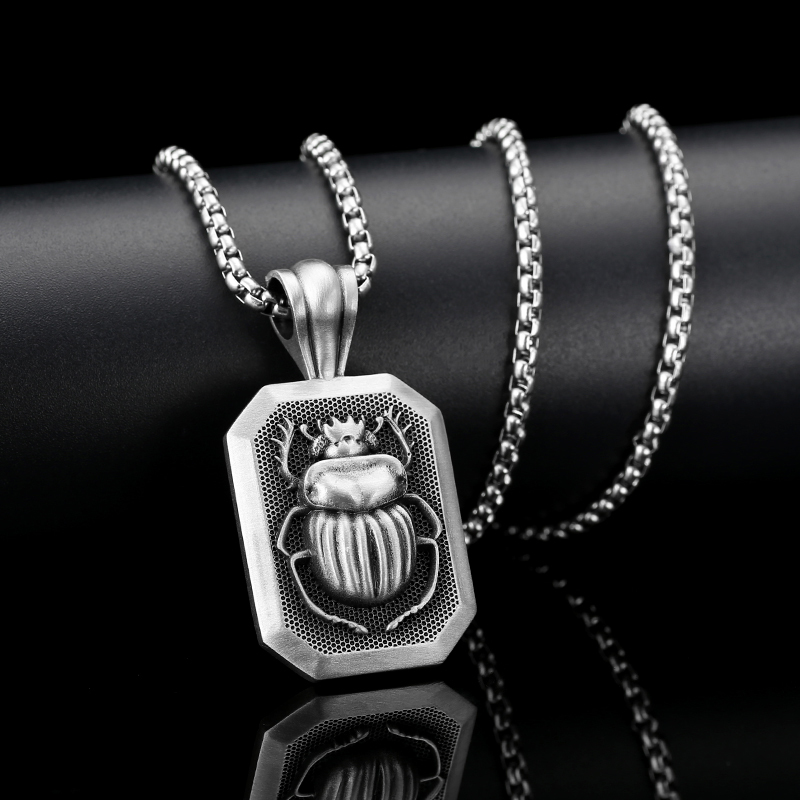 Solid Pewter Egyptian Scarab Beetle Necklace | Rebirth Amulet Pendant