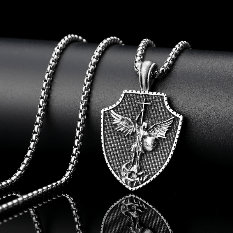 Solid Pewter St. Michael Archangel Shield Necklace | Patron Saint Protection Pendant