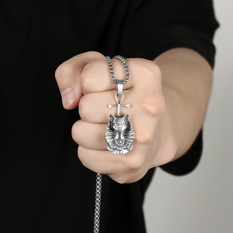 Solid Pewter Bastet Cat Goddess Necklace | Egyptian Ankh Pendant