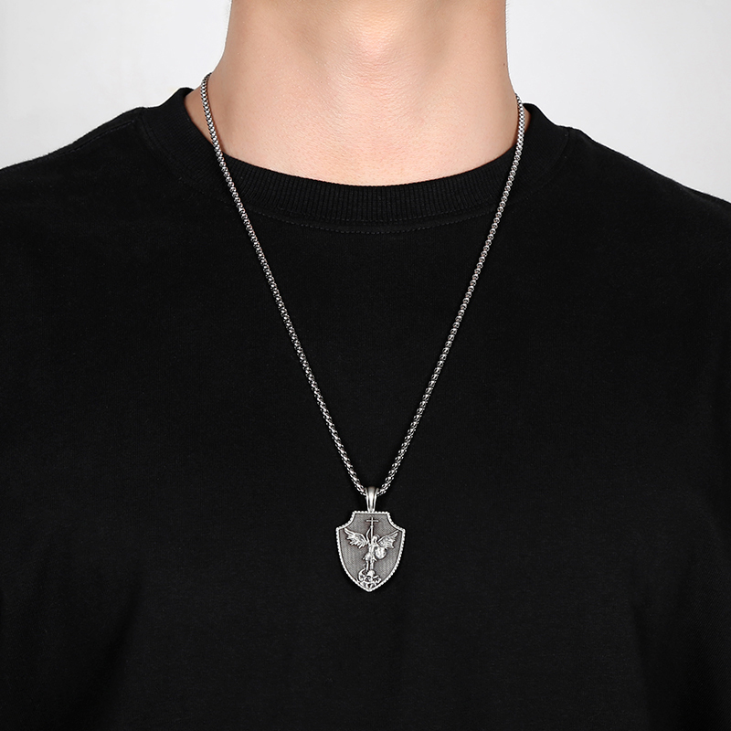 Solid Pewter St. Michael Archangel Shield Necklace | Patron Saint Protection Pendant