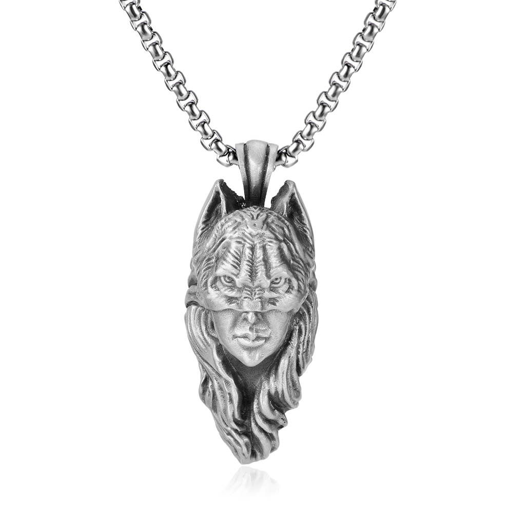 Solid lead-free pewter pendant featuring a 3D relief of a female warrior or goddess wearing a wild animal wolf or feline headdress