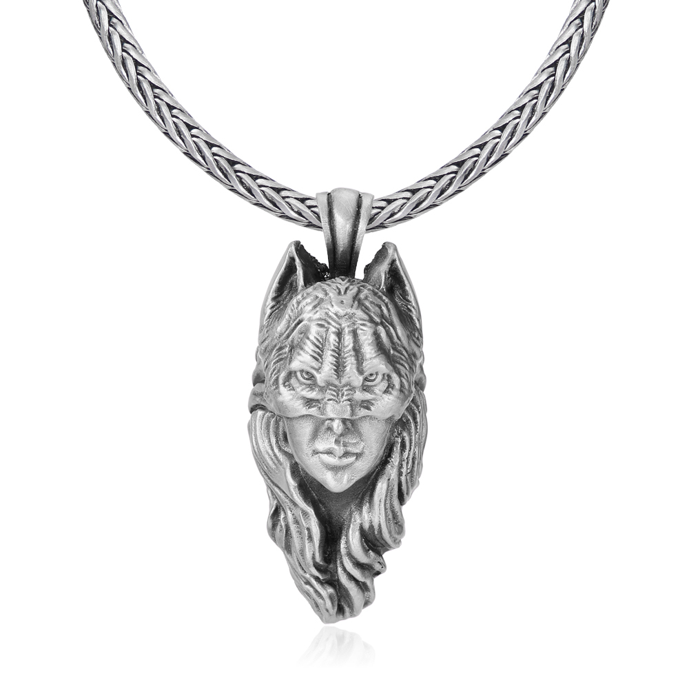 Solid lead-free pewter pendant featuring a 3D relief of a female warrior or goddess wearing a wild animal wolf or feline headdress