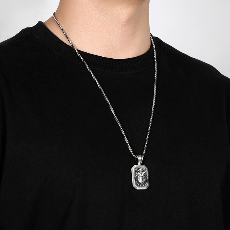 Solid Pewter Egyptian Scarab Beetle Necklace | Rebirth Amulet Pendant