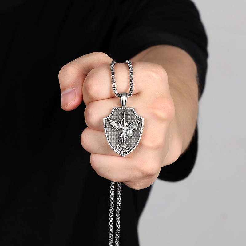 Solid Pewter St. Michael Archangel Shield Necklace | Patron Saint Protection Pendant
