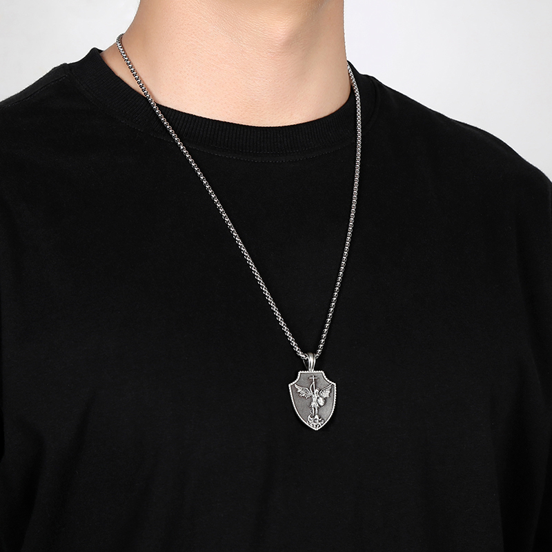 Solid Pewter St. Michael Archangel Shield Necklace | Patron Saint Protection Pendant