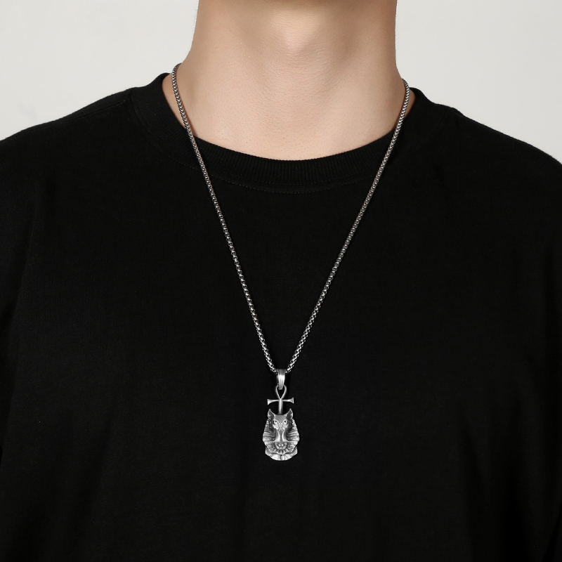 Solid Pewter Bastet Cat Goddess Necklace | Egyptian Ankh Pendant