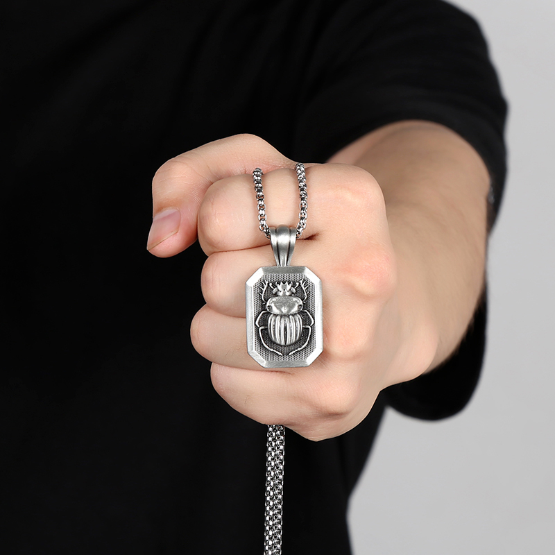 Solid Pewter Egyptian Scarab Beetle Necklace | Rebirth Amulet Pendant