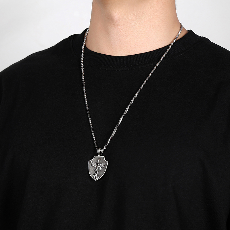 Solid Pewter St. Michael Archangel Shield Necklace | Patron Saint Protection Pendant