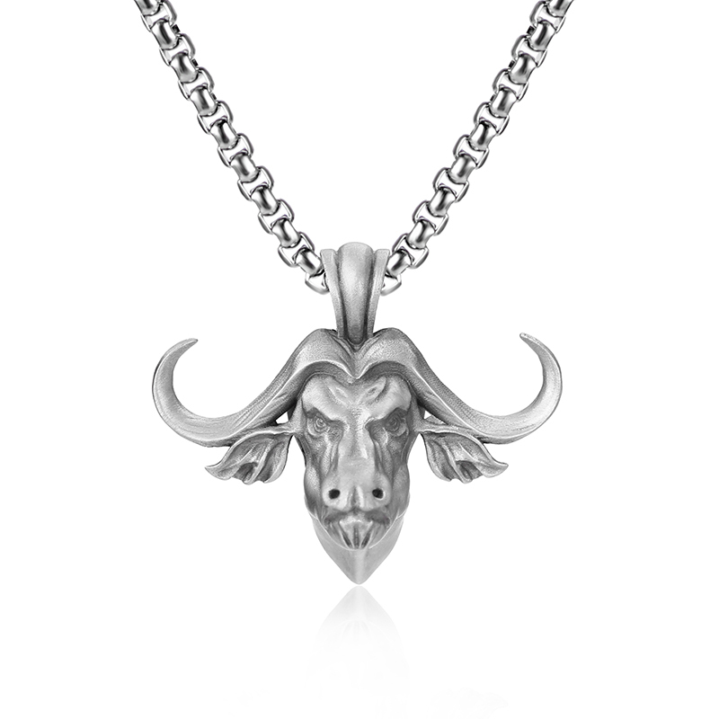 Rugged solid lead-free pewter pendant featuring a highly detailed 3D relief of a Cape Buffalo head with sweeping horns