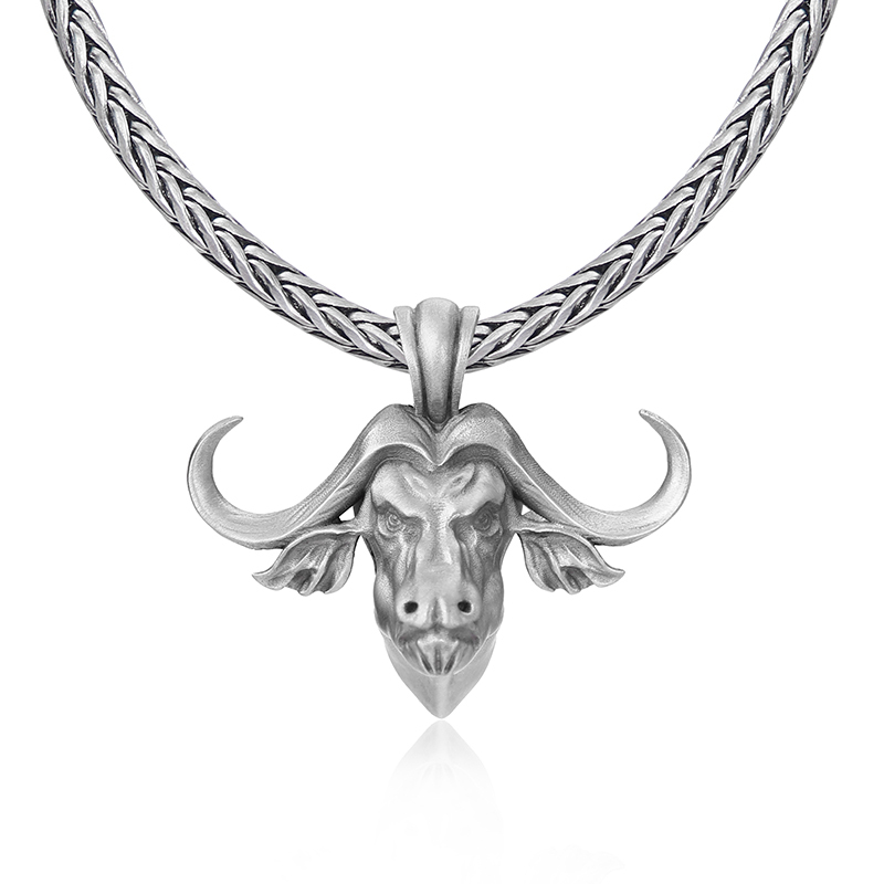 Rugged solid lead-free pewter pendant featuring a highly detailed 3D relief of a Cape Buffalo head with sweeping horns