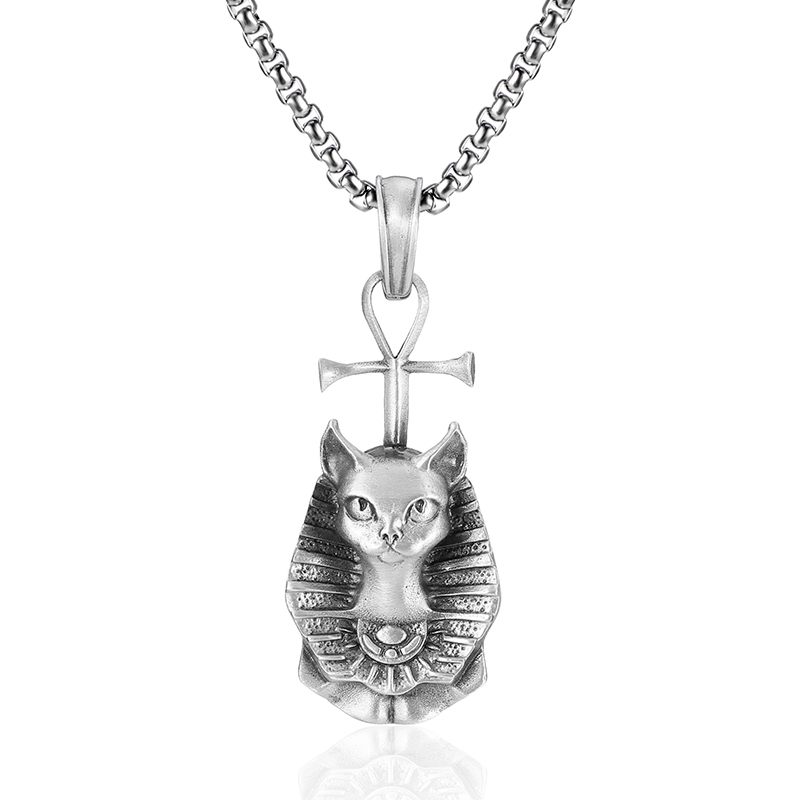 Solid lead-free pewter pendant of the Egyptian Cat Goddess Bastet wearing a pharaoh headdress and topped with an Ankh symbol of life