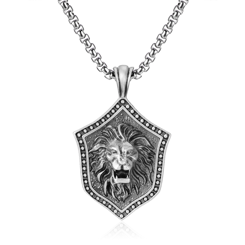 Solid lead-free pewter pendant featuring a 3D relief of a roaring lion head mounted on a medieval studded shield