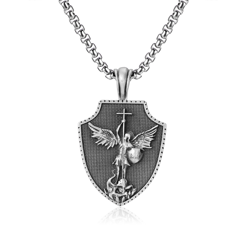 Solid lead-free pewter shield pendant featuring a 3D relief of St. Michael the Archangel defeating a dragon with a cross spear