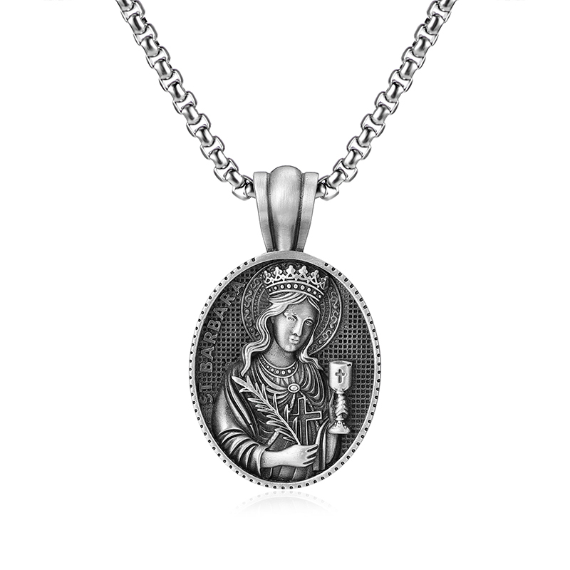 Solid lead-free pewter Saint Barbara patron saint pendant with chalice and palm branch 3D relief