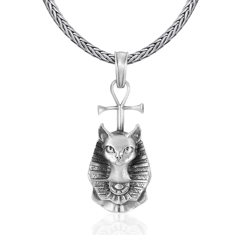 Solid lead-free pewter pendant of the Egyptian Cat Goddess Bastet wearing a pharaoh headdress and topped with an Ankh symbol of life