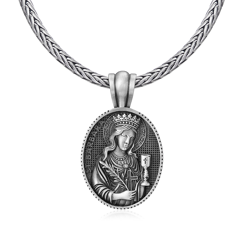 Solid lead-free pewter Saint Barbara patron saint pendant with chalice and palm branch 3D relief