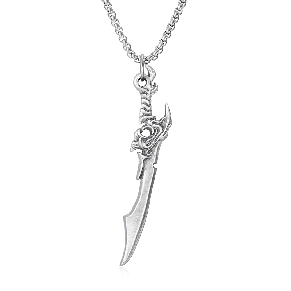 Solid lead-free pewter pendant featuring a 3D curved fantasy sword or samurai katana blade with an ornate swirling hilt