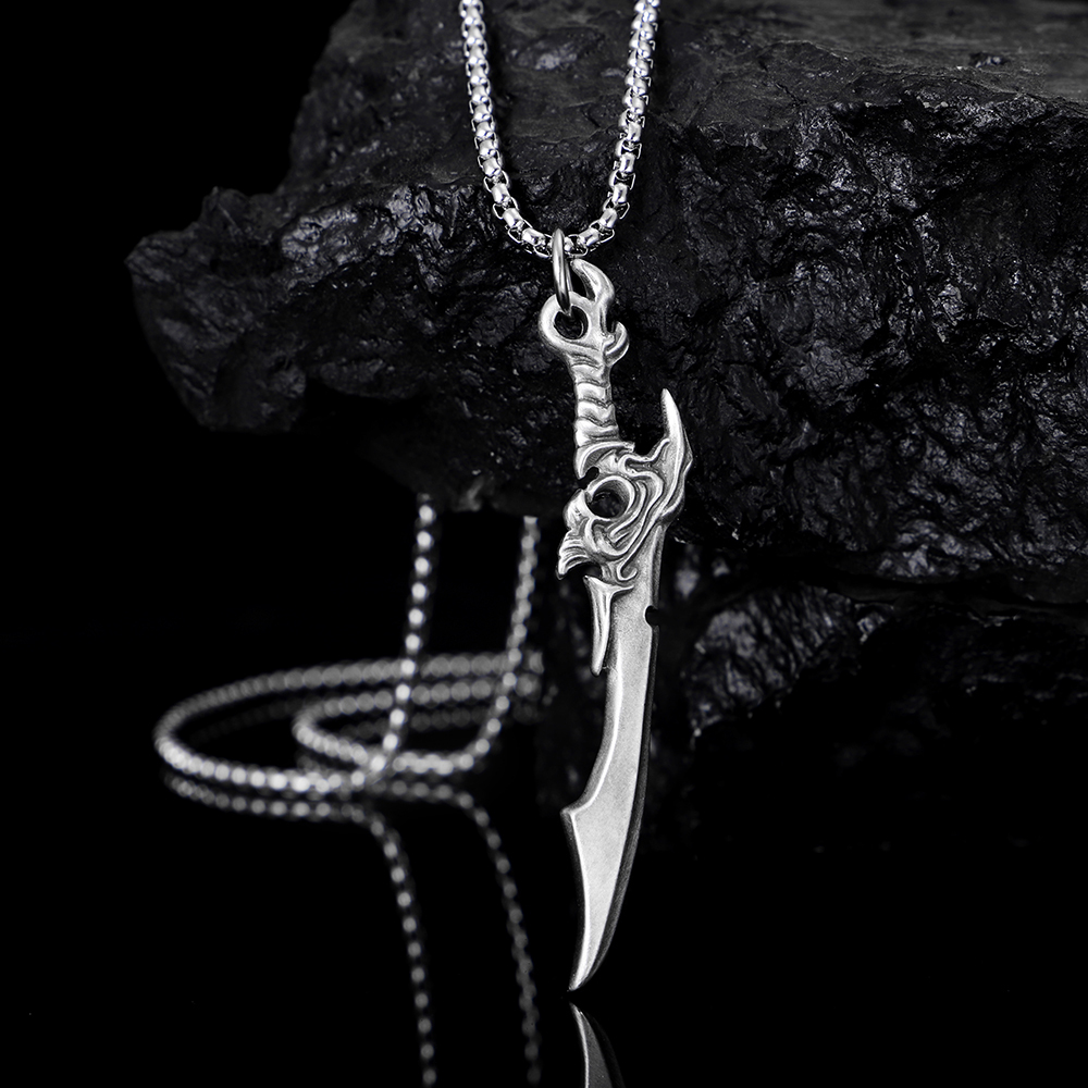 Solid lead-free pewter pendant featuring a 3D curved fantasy sword or samurai katana blade with an ornate swirling hilt