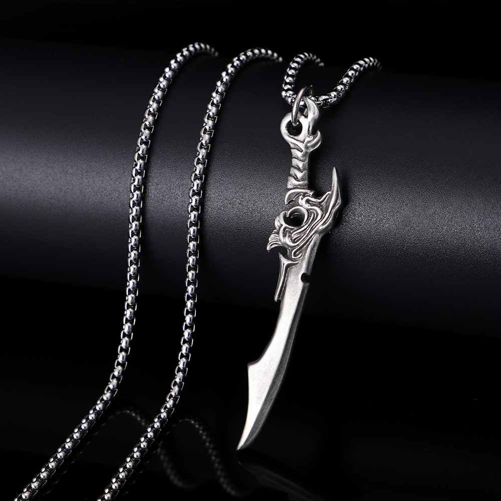 Solid lead-free pewter pendant featuring a 3D curved fantasy sword or samurai katana blade with an ornate swirling hilt