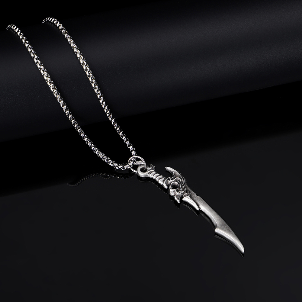 Solid lead-free pewter pendant featuring a 3D curved fantasy sword or samurai katana blade with an ornate swirling hilt