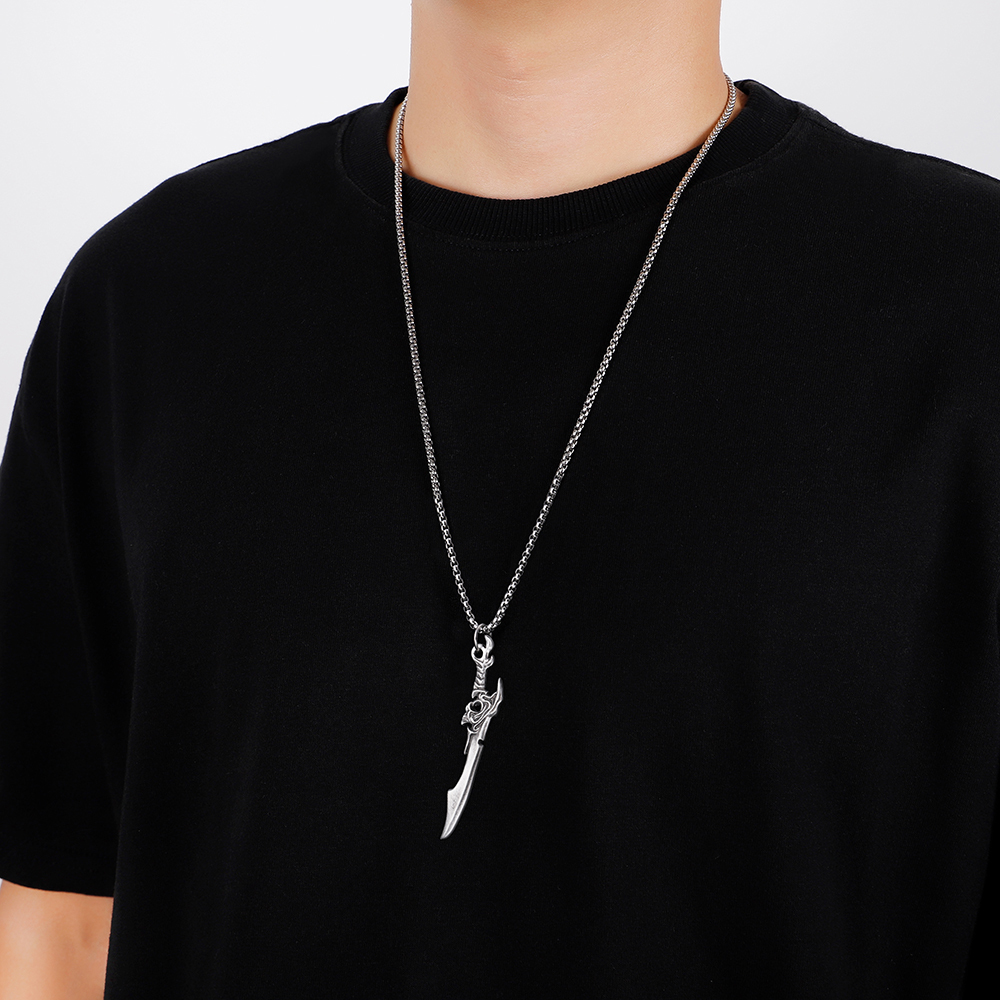 Solid lead-free pewter pendant featuring a 3D curved fantasy sword or samurai katana blade with an ornate swirling hilt
