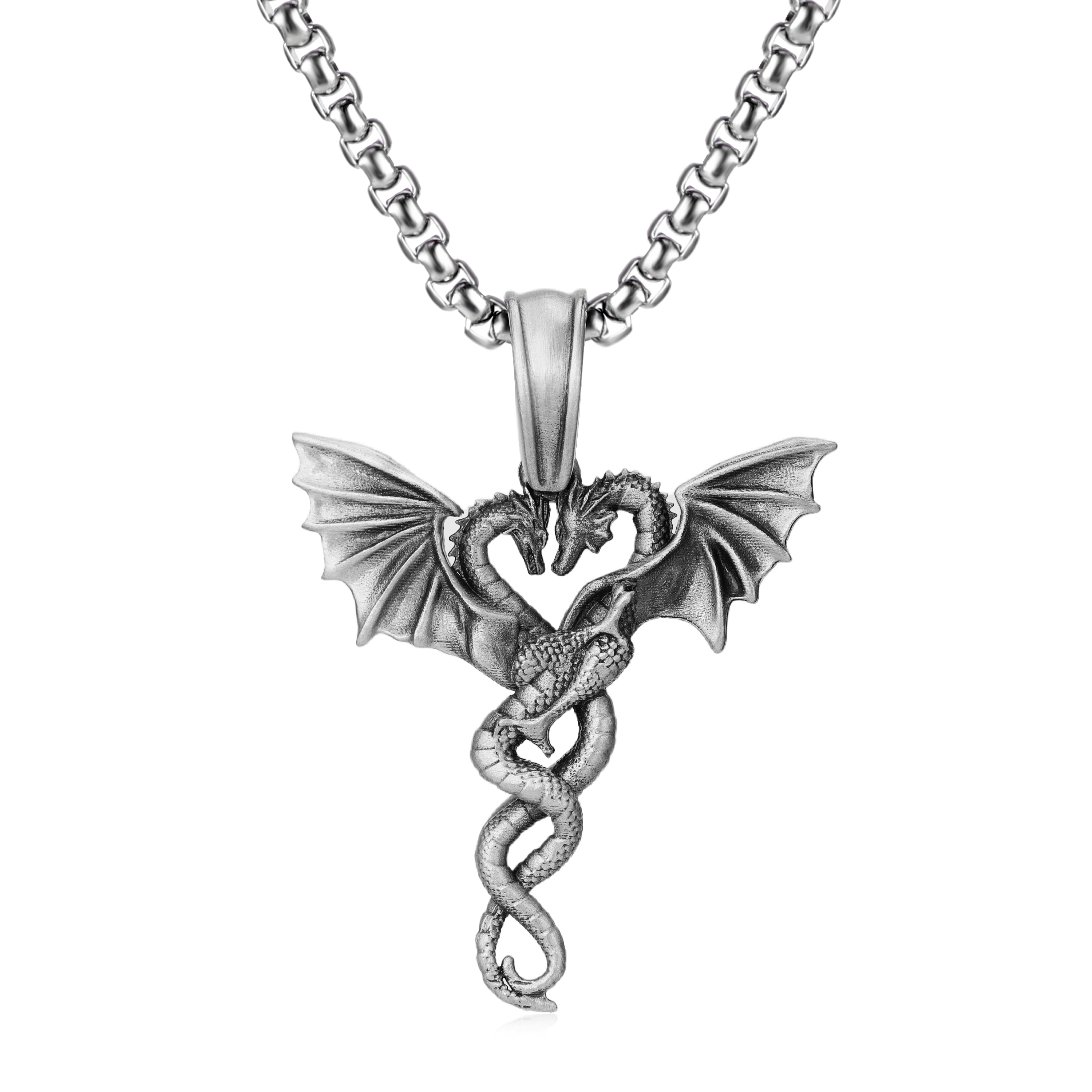 Solid lead-free pewter romantic pendant featuring two intertwined dragons facing each other to form a heart shape with their wings spread