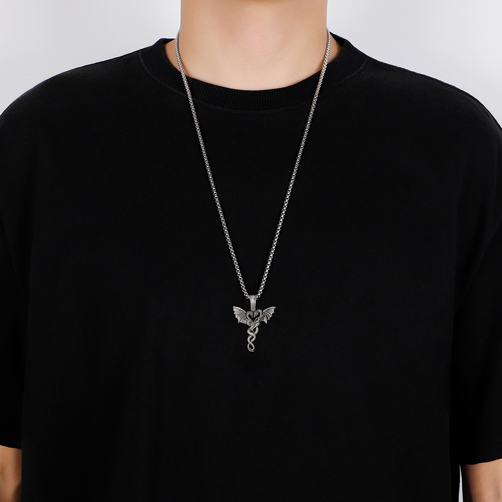 Solid Pewter Intertwined Dragon Heart Necklace | Twin Flame Pendant