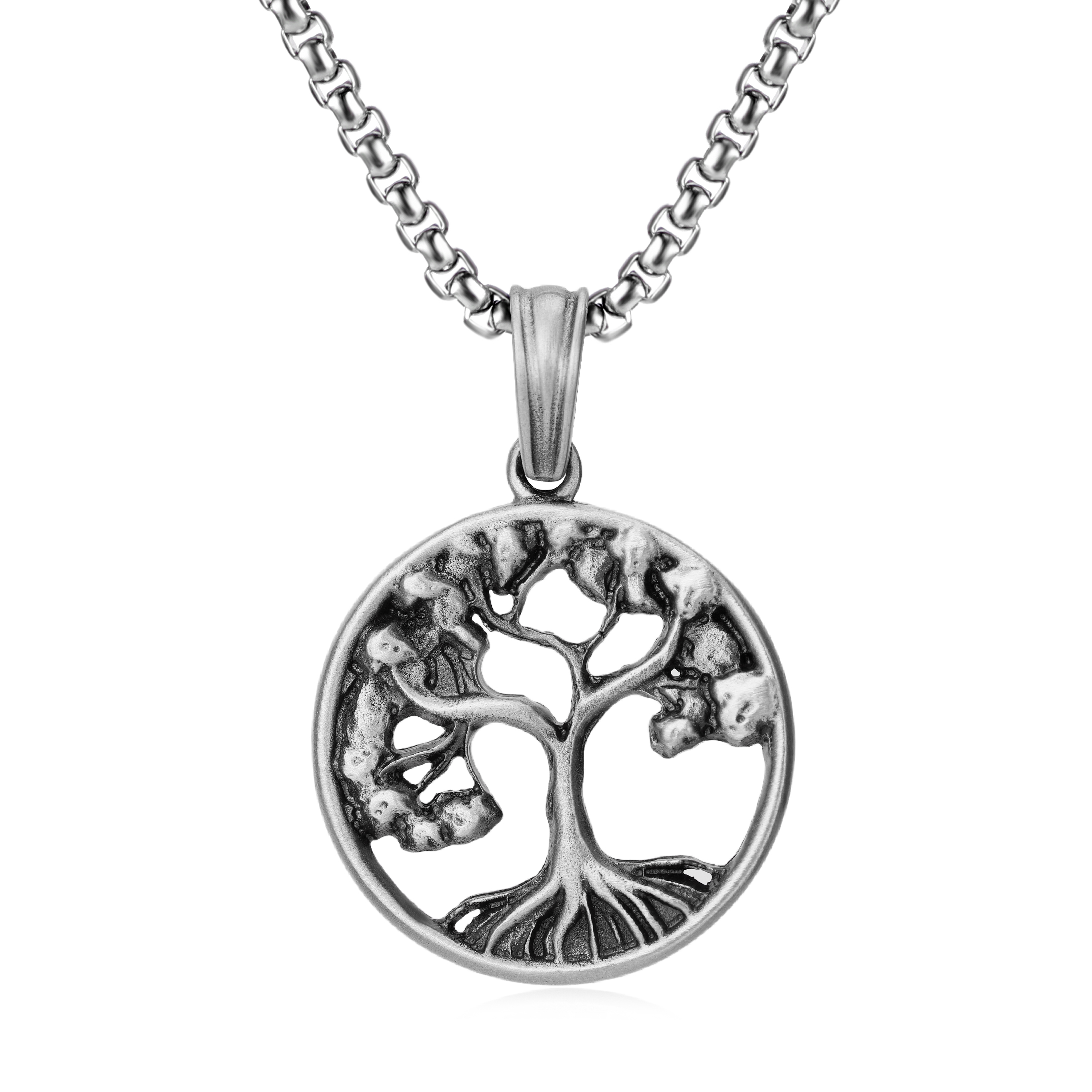 Solid lead-free pewter pendant featuring an intricate cutout Tree of Life design with branches and roots inside a circular frame