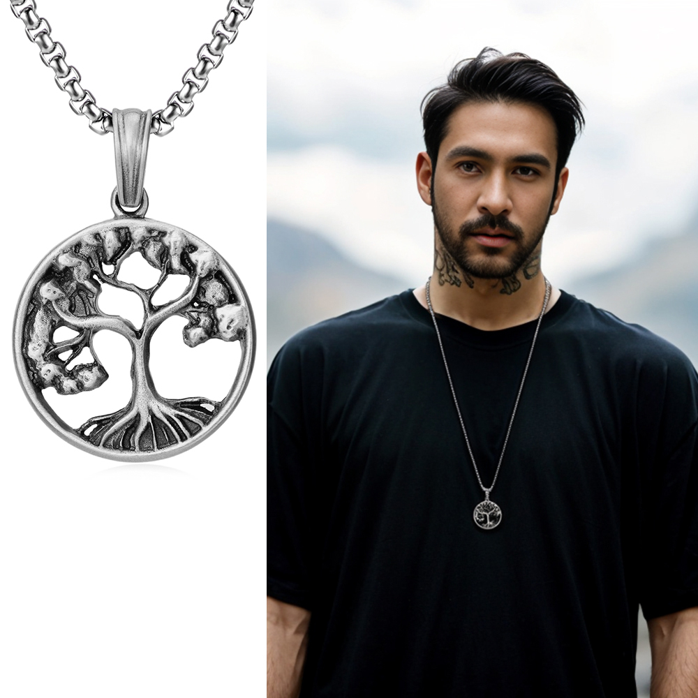 Solid lead-free pewter pendant featuring an intricate cutout Tree of Life design with branches and roots inside a circular frame