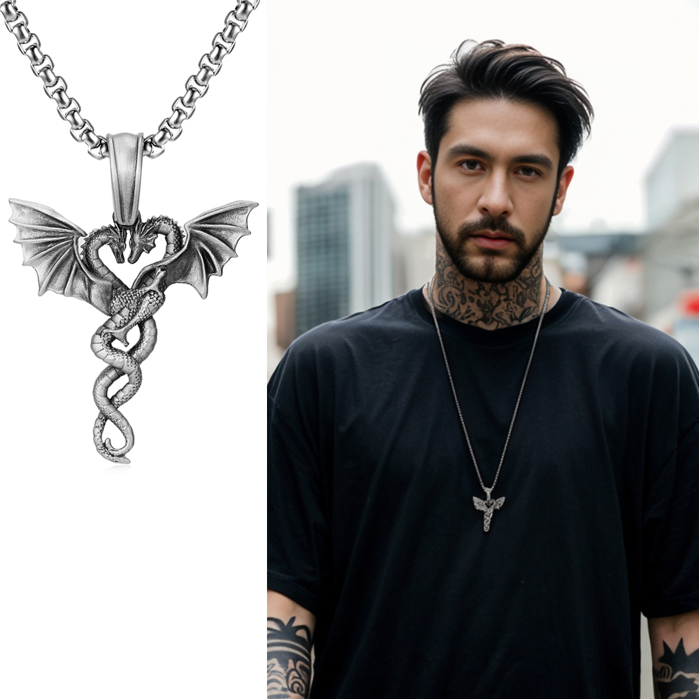 Solid lead-free pewter romantic pendant featuring two intertwined dragons facing each other to form a heart shape with their wings spread