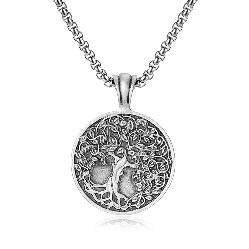 Solid lead-free pewter pendant featuring a highly detailed 3D relief of a Tree of Life with lush leaves and deep roots on a solid circular background