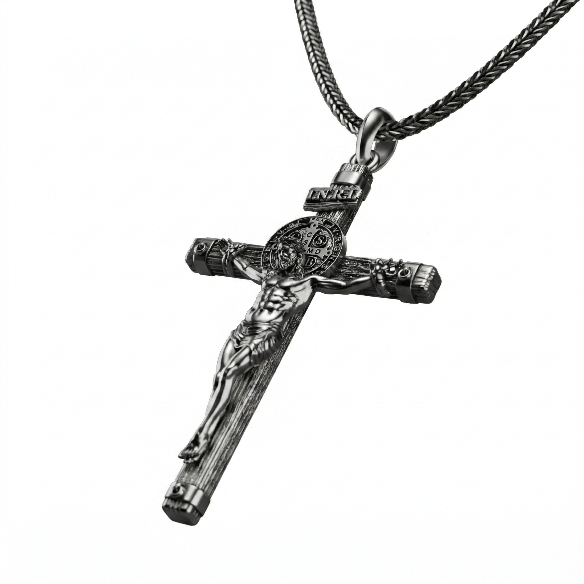 Solid lead-free pewter St. Benedict crucifix pendant featuring a detailed corpus, wood-grain cross texture, and the INRI plaque