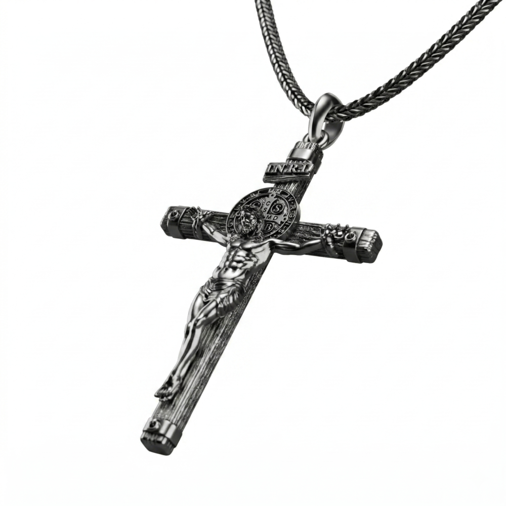 Solid lead-free pewter St. Benedict crucifix pendant featuring a detailed corpus, wood-grain cross texture, and the INRI plaque
