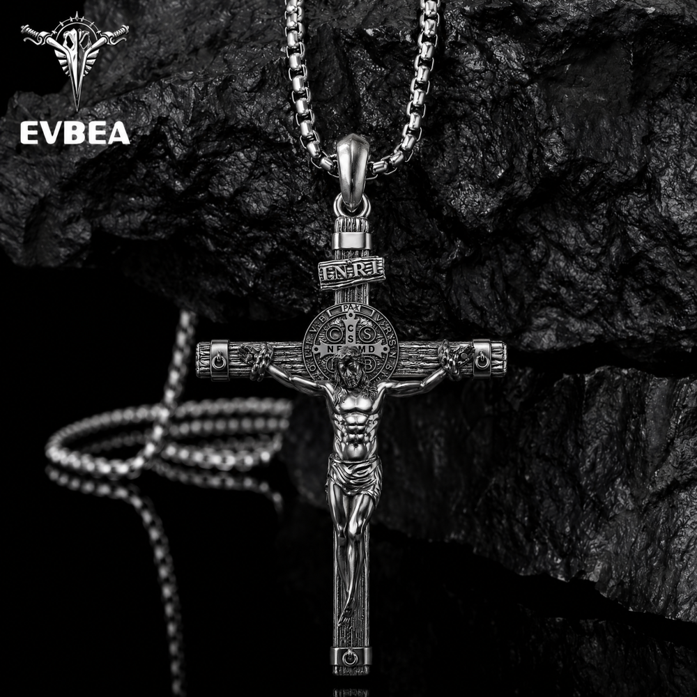 Solid lead-free pewter St. Benedict crucifix pendant featuring a detailed corpus, wood-grain cross texture, and the INRI plaque