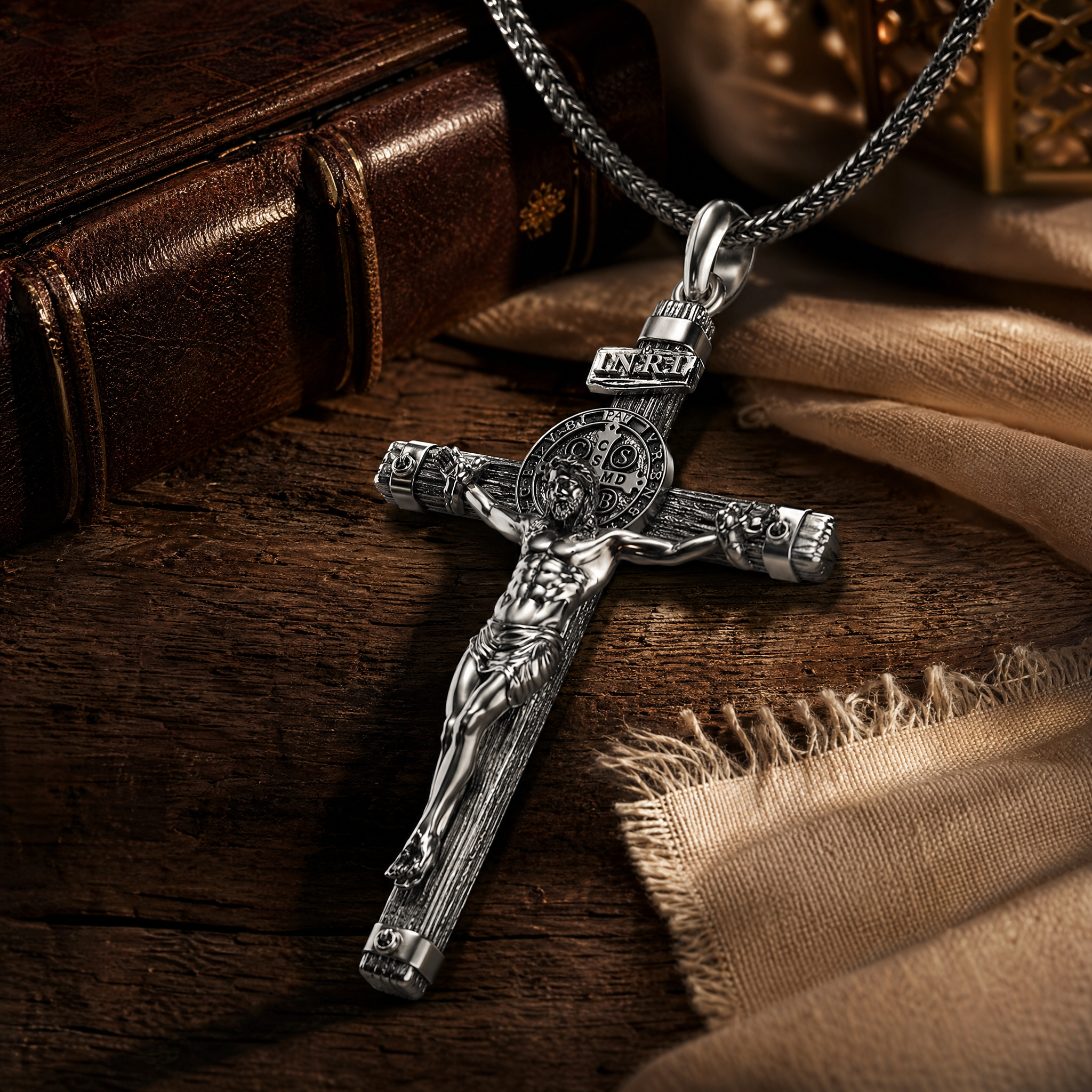 Solid lead-free pewter St. Benedict crucifix pendant featuring a detailed corpus, wood-grain cross texture, and the INRI plaque