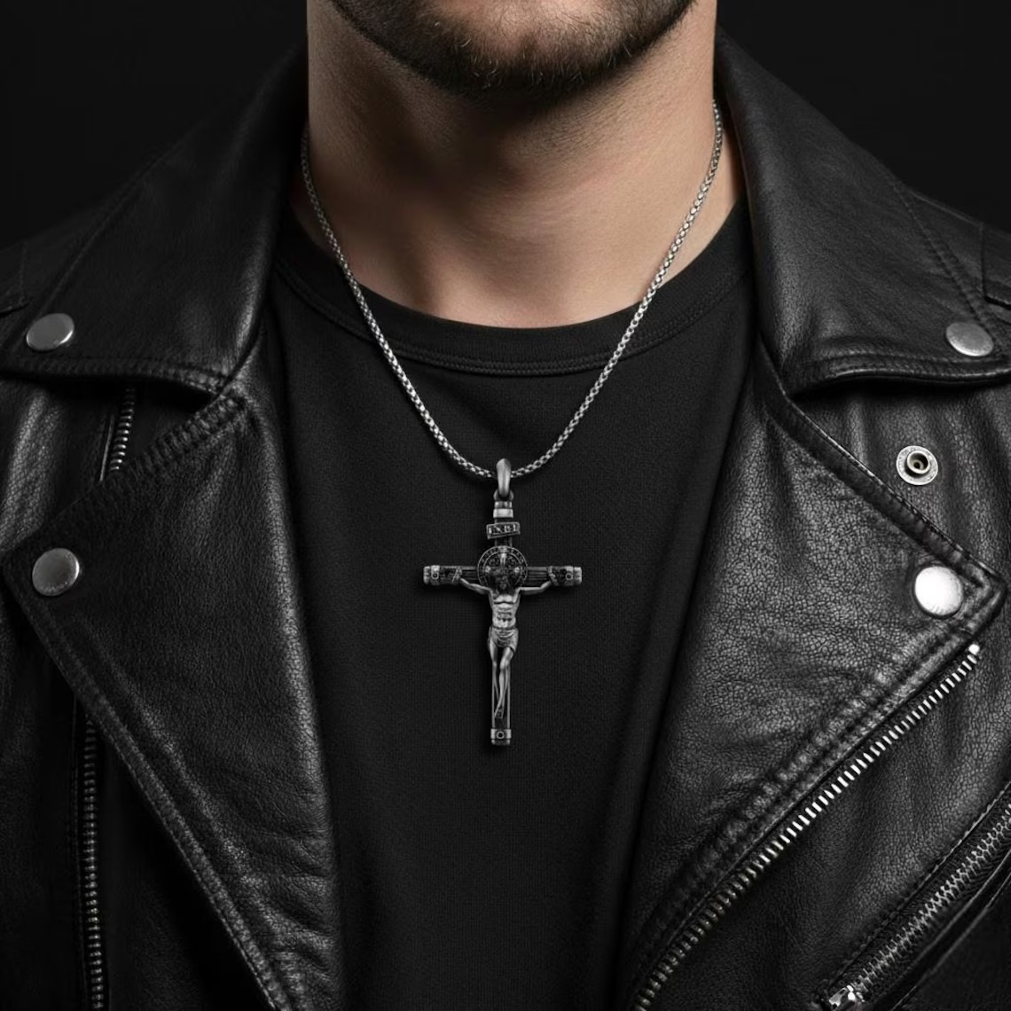 Solid lead-free pewter St. Benedict crucifix pendant featuring a detailed corpus, wood-grain cross texture, and the INRI plaque